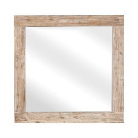 Wooden Frame Mirror with Hewn Saw Details, Light Brown