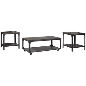 3 Piece Metal Frame Occasional Table Set with Rivets, Brown and Black