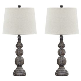 Polyresin Table Lamp with Turned Base, Set of 2, Brown and Off White