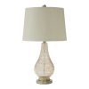 Bellied Glass Table Lamp with Fabric Drum Shade, Beige and Clear