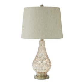 Bellied Glass Table Lamp with Fabric Drum Shade, Beige and Clear