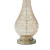 Bellied Glass Table Lamp with Fabric Drum Shade, Beige and Clear