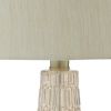 Bellied Glass Table Lamp with Fabric Drum Shade, Beige and Clear