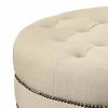 Round Shaped Fabric Ottoman with Nailhead Trim, Gray