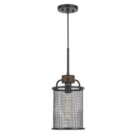 Cylindrical Grid Design Metal Chandelier with Wooden Accent, Black