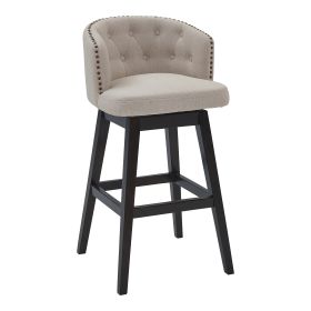26 Inch Button Tufted Fabric Swivel Counter Stool, Angled Wood Legs, Beige