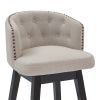 26 Inch Button Tufted Fabric Swivel Counter Stool, Angled Wood Legs, Beige