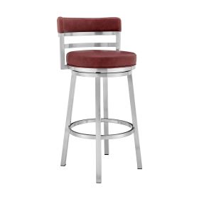 30 Inch Leatherette Counter Height Barstool, Silver and Red