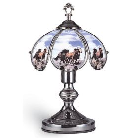 14.25'' Umbrella Shade Glass Table Lamp with Running Horses Print, Silver