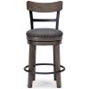 Swivel Barstool with Nailhead Trim and Curved Panel Back, Gray