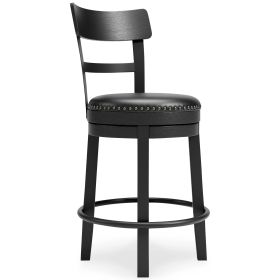 Swivel Barstool with Nailhead Trim and Leatherette Seat, Black