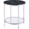 End Table with Round Faux Marble Top and Glass Shelf, Black