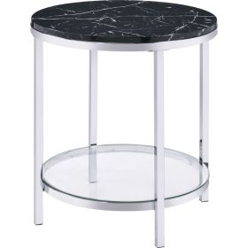 End Table with Round Faux Marble Top and Glass Shelf, Black