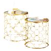 2 Piece Round Nesting Table with Lattice Metal Base, Gold