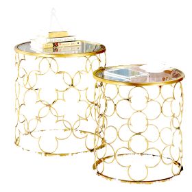 2 Piece Round Nesting Table with Lattice Metal Base, Gold