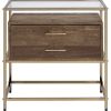 Accent Table with 2 Drawers and Metal Frame Glass Top, Brown and Gold