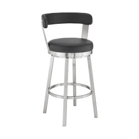 Swivel Counter Barstool with Curved Open Back and Metal Legs, Black and Silver