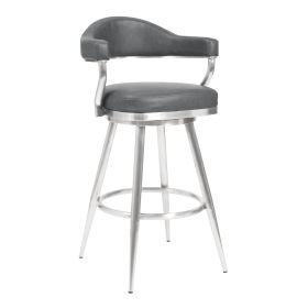 26 Inch Vegan Faux Leather Metal Counter Stool, Gray, Silver