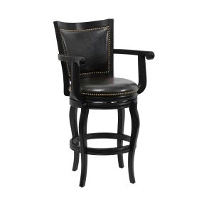 Hugo 29 Inch 360-Degree Swivel Barstool, Wood, Open Rolled Arms, Black