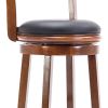 Pal 29 Inch Swivel Bar Stool, Solid Wood, Bonded Leather, Walnut Brown