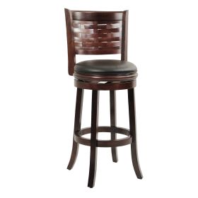 Kim 29 Inch Swivel Bar Stool, Solid Wood, Bonded Leather, Espresso, Black