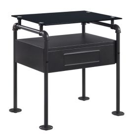 23 Inch Metal Nightstand Side Table, Tempered Glass, Industrial, Dark Gray
