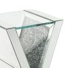 Noe 24 Inch Mirrored End Table, V Pedestal Base, Faux Diamond, Silver