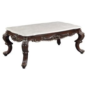 Ben 52 Inch Marble Coffee Table, Scrolled Details, Cabriole Legs, Brown