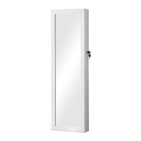 Max 47 Inch Wood Jewelry Cabinet, Mirrored Door, LED Lights, White