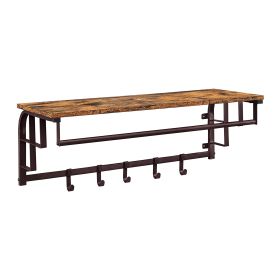 31 Inch Wall Mount Coat Rack, Wood, Metal, 1 Rod, 5 Hooks, Brown, Black