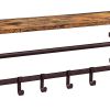 31 Inch Wall Mount Coat Rack, Wood, Metal, 1 Rod, 5 Hooks, Brown, Black