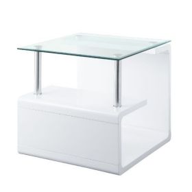 24 Inch Square Accent End Table, Glass Top, Open Shelf, White, Chrome