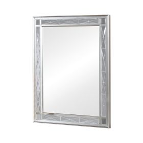 41 Inch Vanity Mirror, Etched Glass Trim, Wood Frame, Metallic Silver