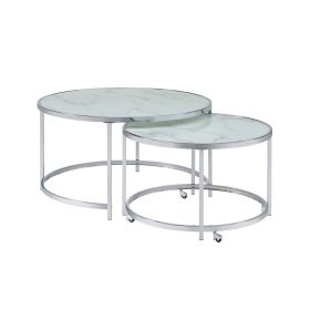 18 Inch Marbled Glass Nesting Accent Tables, Round Top, Metal, Set of 2
