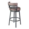 Eva 26 Inch Swivel Counter Stool, Vegan Leather, Curved Back, Washed Brown