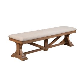 Tess 69 Inch Dining Accent Bench, Beige Fabric Cushion, Pine Wood, Brown