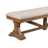 Tess 69 Inch Dining Accent Bench, Beige Fabric Cushion, Pine Wood, Brown