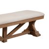 Tess 69 Inch Dining Accent Bench, Beige Fabric Cushion, Pine Wood, Brown