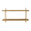 36 Inch Modern Wood Two Tier Shelf, Rattan Braiding, Brown, Gold