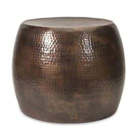 20 Inch Classic Iron Low Accent Table, Round Top, Drum Shape, Brown