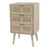 Cae 28 Inch Dresser Chest, 3 Drawers, Pine Wood, Rattan Panels, Brown