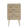 Cae 28 Inch Dresser Chest, 3 Drawers, Pine Wood, Rattan Panels, Brown