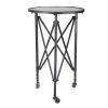 27 Inch Side Table, Round Metal Body, Glass Tabletop, 3 Wheels, Silver