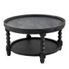 Jake 30 Inch Coffee Table, Fir Wood, Lower Tier Woven Wicker Shelf, Black