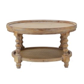 Jake 30 Inch Coffee Table, Fir Wood, Lower Tier Woven Wicker Shelf, Brown