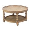 Jake 30 Inch Coffee Table, Fir Wood, Lower Tier Woven Wicker Shelf, Brown