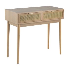 Ela 35 Inch 2 Drawer Wood Console Table, Woven Rattan Panels, Natural Brown