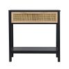 Tia 22 Inch Accent Side Table, Pine Wood, Woven Rattan, 1 Drawer, Black