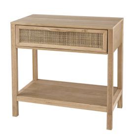 Tia 22 Inch Accent Side Table, Pine, Woven Rattan, 1 Drawer, Natural Brown