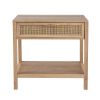 Tia 22 Inch Accent Side Table, Pine, Woven Rattan, 1 Drawer, Natural Brown